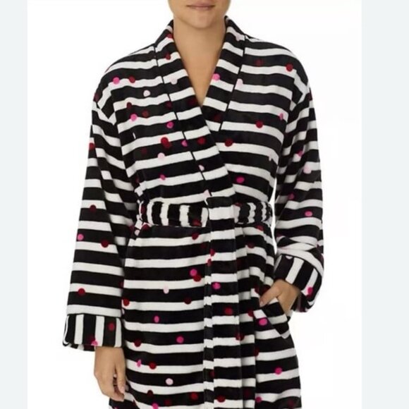 Kate Spade LS Short Robe Black Stripe Confetti Dots Plush Velour Pocket - Picture 5 of 7